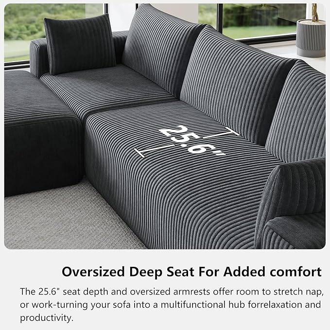 108" Cloud Couch Modular Sectional Sofa for Living Room,L Shaped Boneless Couch with Deep Seat Chaise,No Assembly Required Foam Sleeper Sofa for Apartments,Plush Corduroy Fabric, Dark Gray