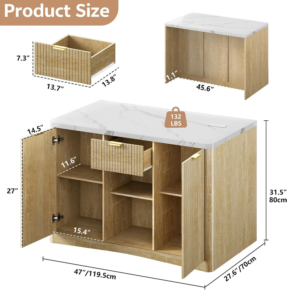 Marble Kitchen Island, 47" Kitchen Island on Wheels Large Kitchen | Isla...