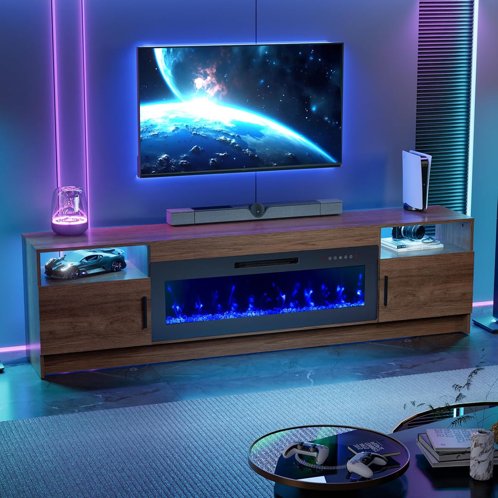 80'' Fireplace TV Stand, LED Entertainment Center Up to 90" TVs, Dark Brown | High Glossy Doors, 42'' Fireplace, Modern Media Console for Living Room