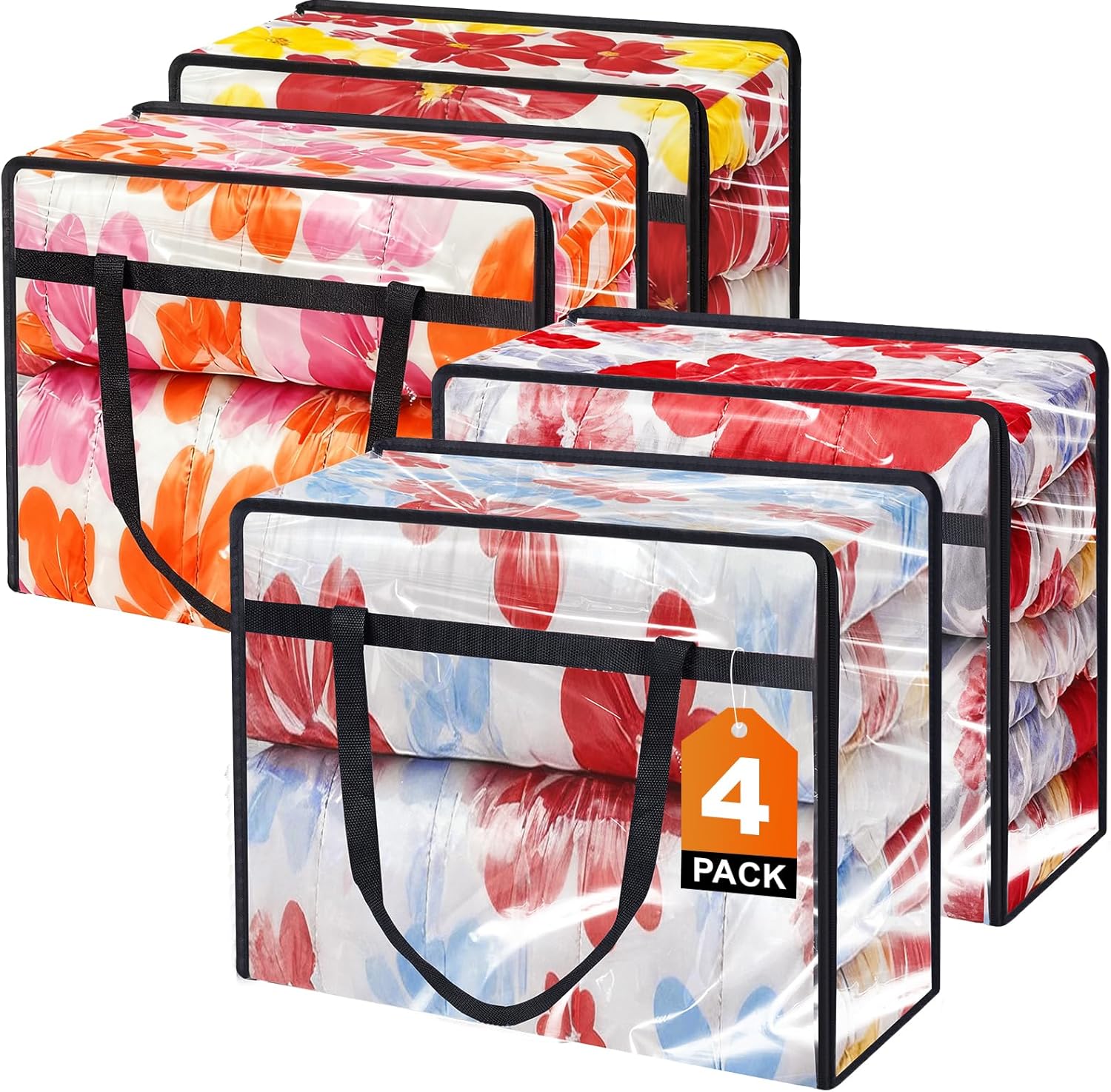 4 Pack Clear Clothes Storage Bags, Vinyl Blanket Storage Bag with Heavy-Duty Zipper, Foldable Moving Bags, Closet Organizers for Bedding, Comforter, Linens, Sweaters, Pillows, Toys (40L)