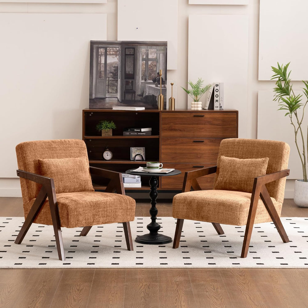 Mid-Century Modern Accent Chair Set of 2 with Solid Wood Frame，Upholstered Ch...