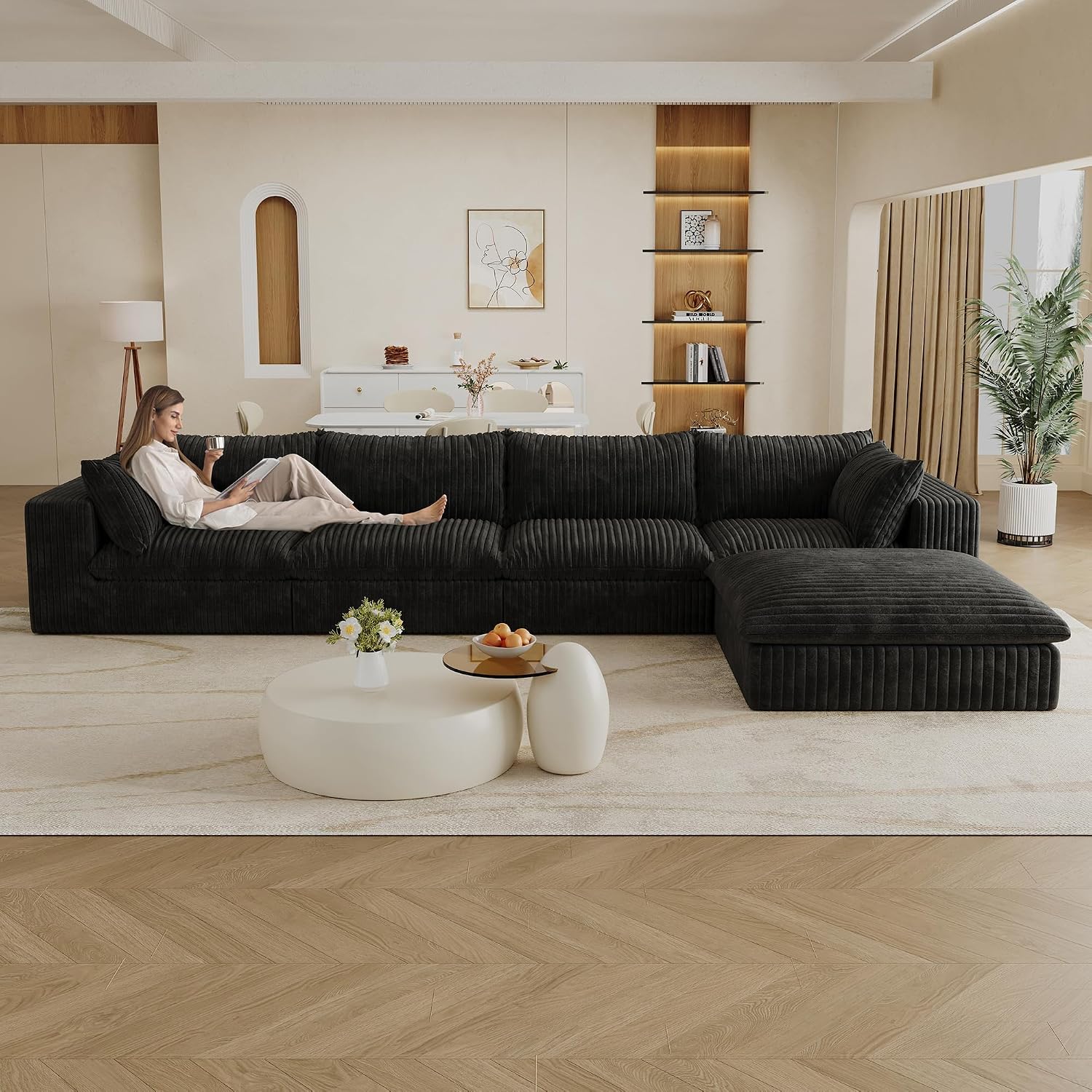 157.6" Oversized L Shaped Modular Boneless Sofa with Ottoman, Cloud Sectional Couches for Living Room, Deep Seat Corduroy Upholstered Couch Furniture Set, No Assembly Required (4 Seater+1 Ottoman)