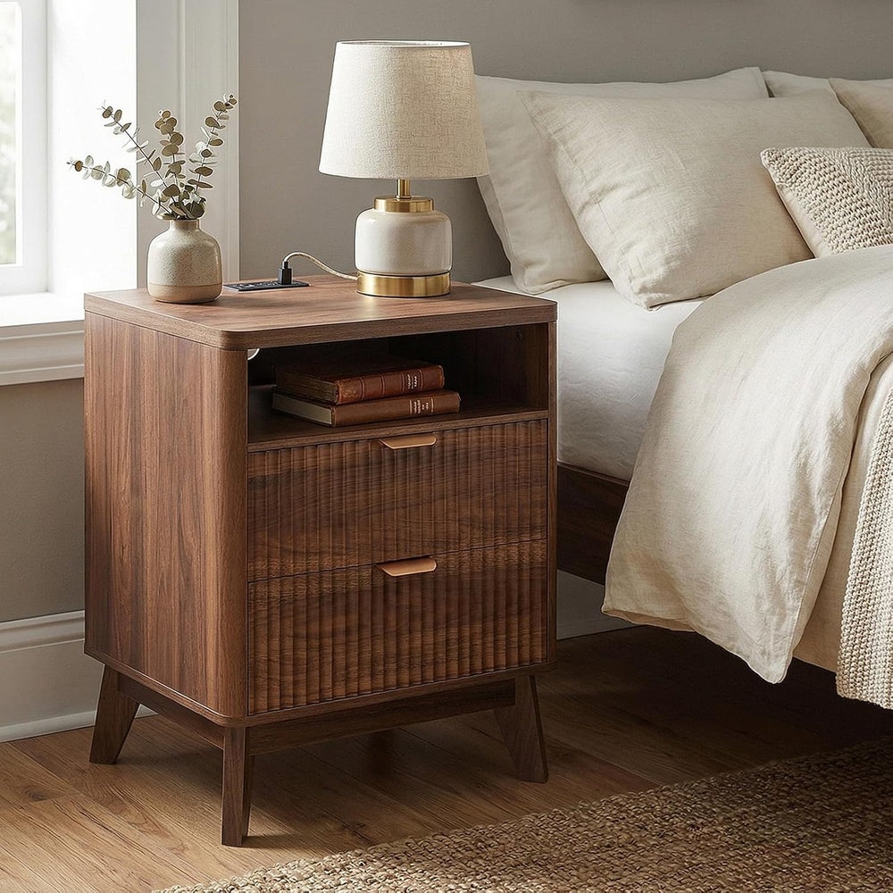 LYNCOHOME Fluted Nightstand with Charging Station, 19.7 inch Wide End Table w...