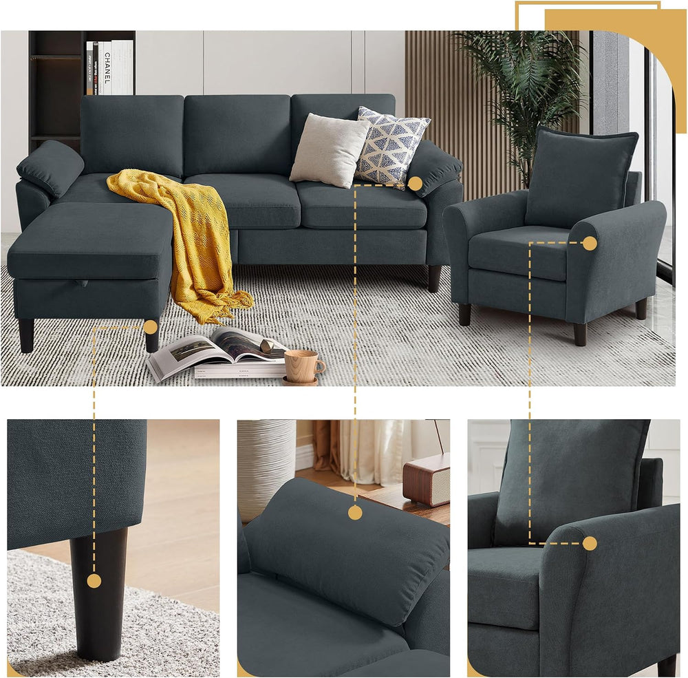 Convertible Sectional Sofa Set, 79" Modern L Shaped Couch, Linen Upholst...