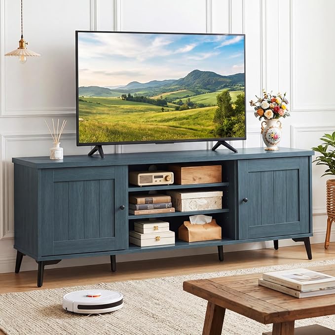Giantex 2-Door TV Stand for TVs up to 65", Mid Century Modern Entertainment Center with 2 Storage Cabinets & 4 Adjustable Shelves, 6 Metal Legs, Media TV Console Table for Living Room (Teal Blue)