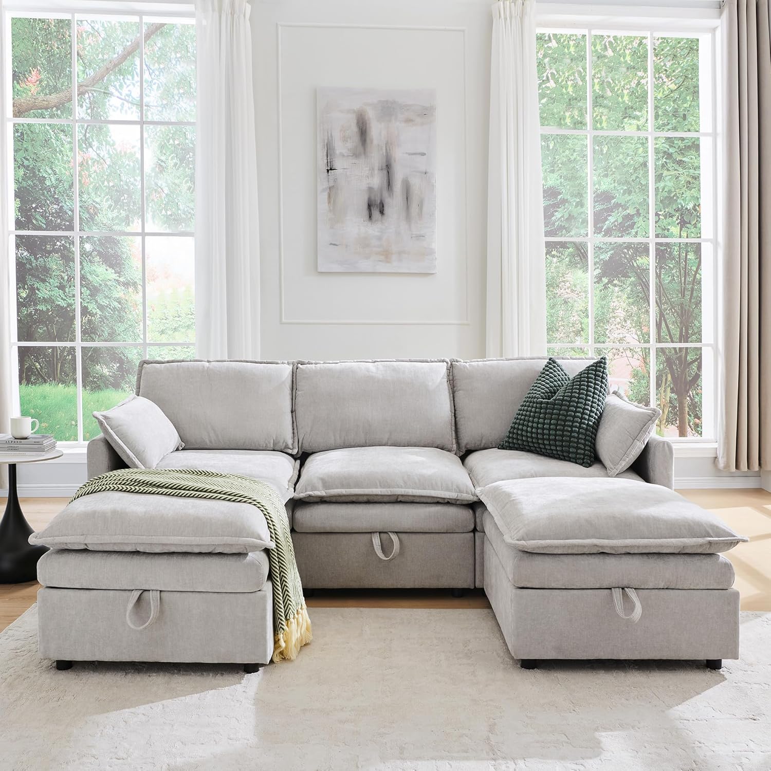 88.98" Sectional Couches for Living Room, Cloud Couch Sectional with Large Storage, U-Shape Modular Sectional Sofa with Ottoman, 5 Chenille Seater with Pillow for Apartment, Bedroom, Light Grey