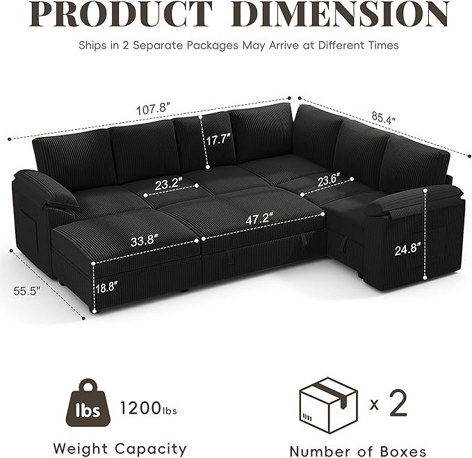 108 Inch Sectional Sleeper Sofa Bed with Pull Out Couch, U Shaped 7 Seat Cloud Modular Sectional Sofa with Storage, Corduroy Sectional Couches for Living Room, Removable Sofa Cover, Black