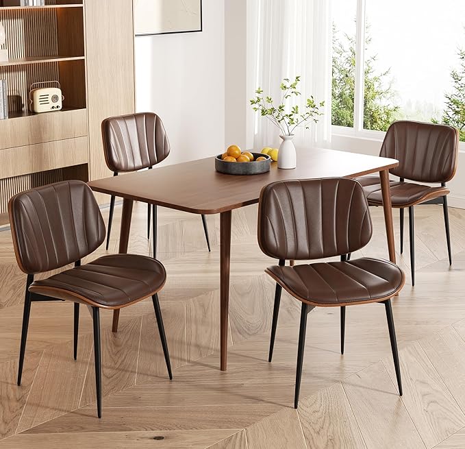 Dining Chairs Set of 4, Mid Century Modern Dining Room Chairs, Upholstered Faux Leather Kitchen Chairs with Walnut Bentwood Back and Metal Legs