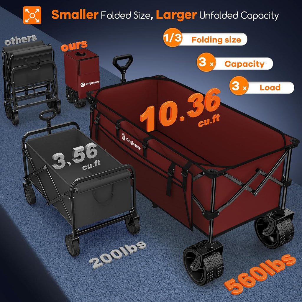 48" L Collapsible Beach Wagon Cart Foldable, 560lbs Weight Capacity 300L Heavy Duty Folding Wagons with Big All-Terrain Wheels, Utility Carts for Groceries, Shopping, Camping, Sports - Red