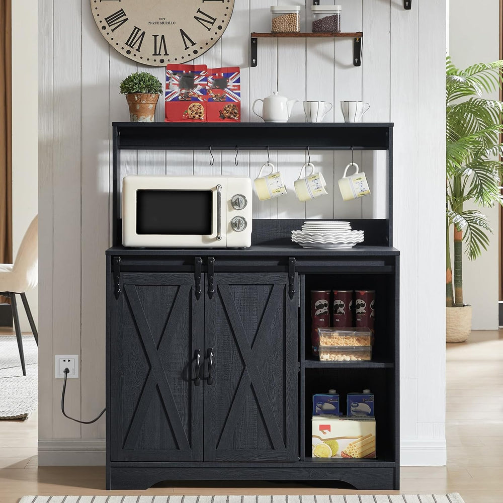 Wnutrees Farmhouse Coffee Bar Cabinet with Charging Station and USB, Black | ...