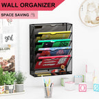 Hanging Wall File Organizer 6 Tier Wall Mounted Mail Paper Folder Holder Document Organization Stand, Vertical Desk Magazine Rack for Office Home Cubicle Countertop, Black