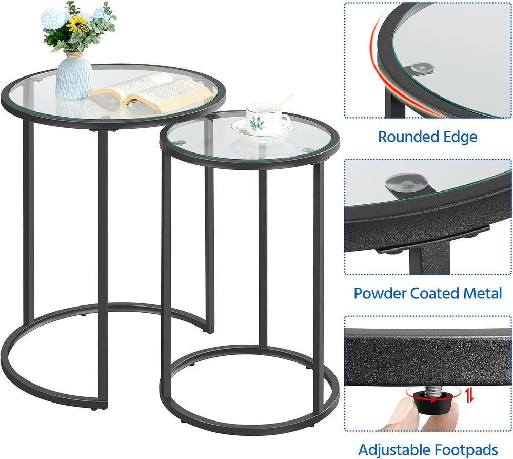 Yaheetech Round Nesting Side Tables Set of 2 with Tempered Glass Top, Black |...