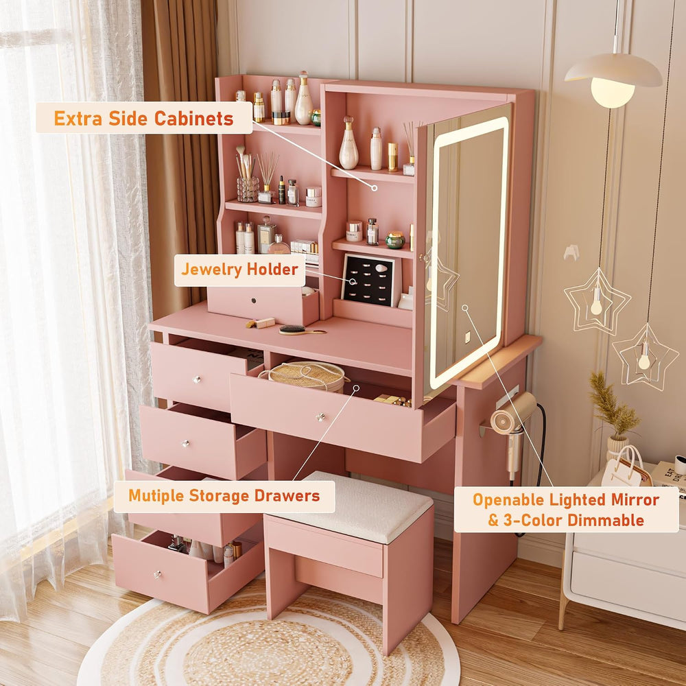 Vanity Desk with Mirror and LED Lights, Makeup Vanity Set with Power Outlet, ...