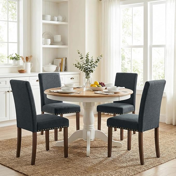 TLSUNNY Upholstered Dining Chairs Set of 2/4, Tufted Parsons Design with Nail Head Trim, Solid Wood Legs and Padded Seat, Comfortable Fabric for Dining Room, Kitchen (Gray, Set of 2)