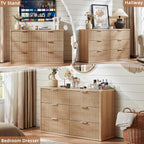 LEYAOYAO Fluted 6 Drawers Dresser Set of 2, 48" Wide Modern Chest of Drawers with Wood Grain Top, Curved Profile Design, Dresser TV Stand, Wooden Drawer Organizer for Bedroom, Living Room,Natural