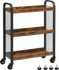 VASAGLE 3-Tier Narrow Storage Cart, Rolling Cart with Wheels, Steel Frame, Slim Storage Cart for Kitchen, Dining Room, Laundry Room, Adjustable Feet Included, Industrial Style, Rustic Brown and Black