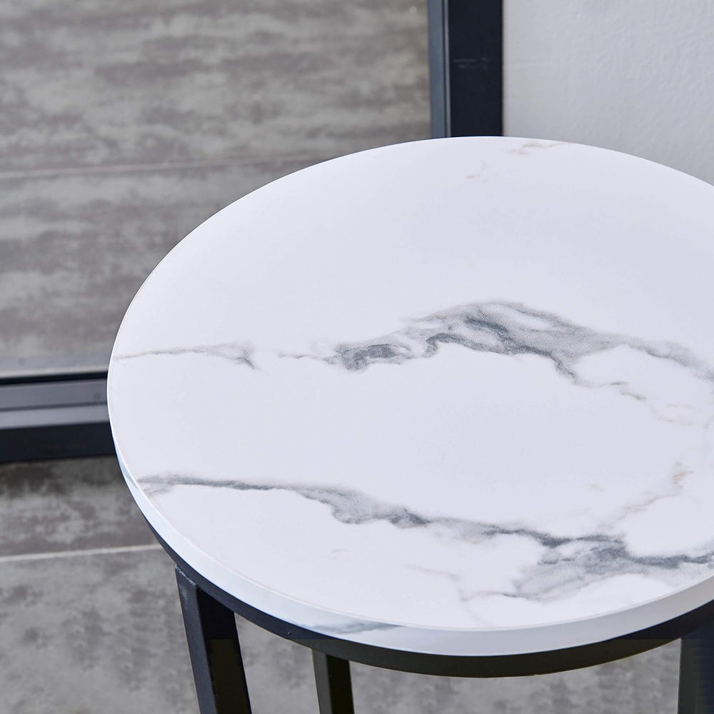 Modern Side Table with Faux Marble MDF Top, Black Metal X-Base, Compact End T...