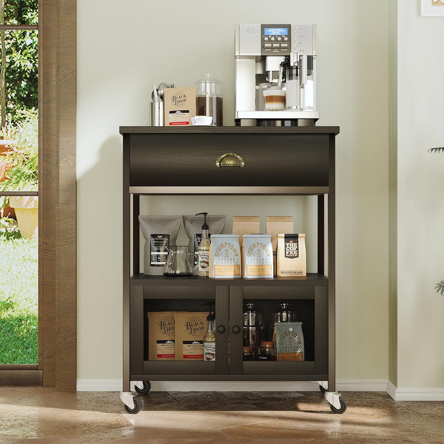 Catrimown Coffee Bar Cart Cabinet,3 Tier Coffee Station Table on Wheels,Coffee Cart with Storage for Home Kitchen, Liquor Buffet Sideboard Cabinet, Black