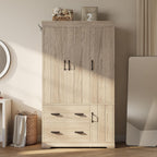 LIKIMIO Wardrobe Closet, 70" Tall 4 Doors Large Wooden Closet with 2 Drawers, 3 Shelves Bedroom Armoire with Hanging Rod, Freestanding Storage Cabinet for Hanging Clothes, Light Oak