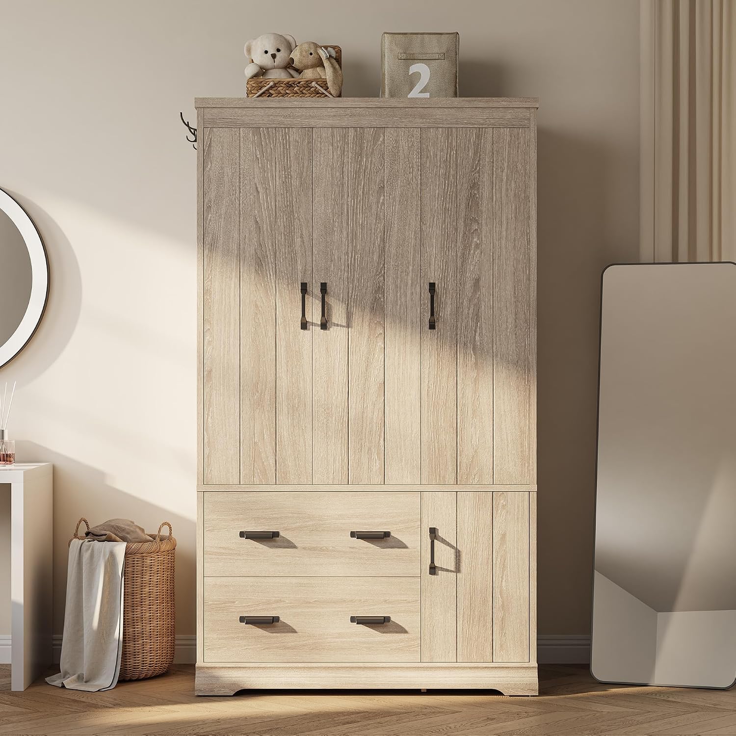 LIKIMIO Wardrobe Closet, 70" Tall 4 Doors Large Wooden Closet with 2 Drawers, 3 Shelves Bedroom Armoire with Hanging Rod, Freestanding Storage Cabinet for Hanging Clothes, Light Oak