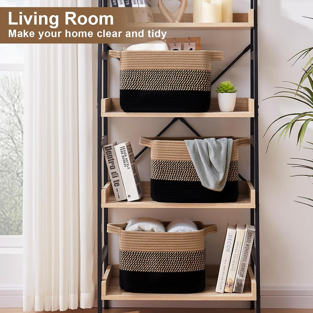 Storage Basket for Organizing, Woven Baskets for Storage, Rectangle Decorative Baskets for Shleves, Closet, Toys, Books, Nursery Organizer Bins - Pack of 3 (Black & Brown, 13"x9.85"x8.7")