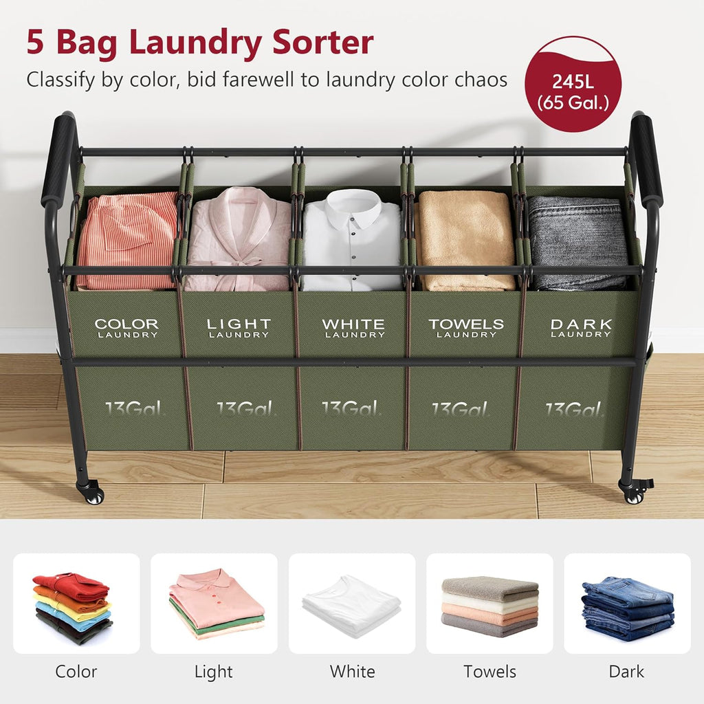 Tajsoon 5 Sections Laundry Sorter, Laundry Hamper with Heavy Duty Lockable Wheels and Removable Bags, 5 Bag Laundry Sorter Cart for Dirty Clothes Storage, Green