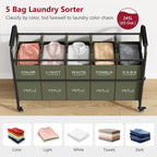 Tajsoon 5 Sections Laundry Sorter, Laundry Hamper with Heavy Duty Lockable Wheels and Removable Bags, 5 Bag Laundry Sorter Cart for Dirty Clothes Storage, Green