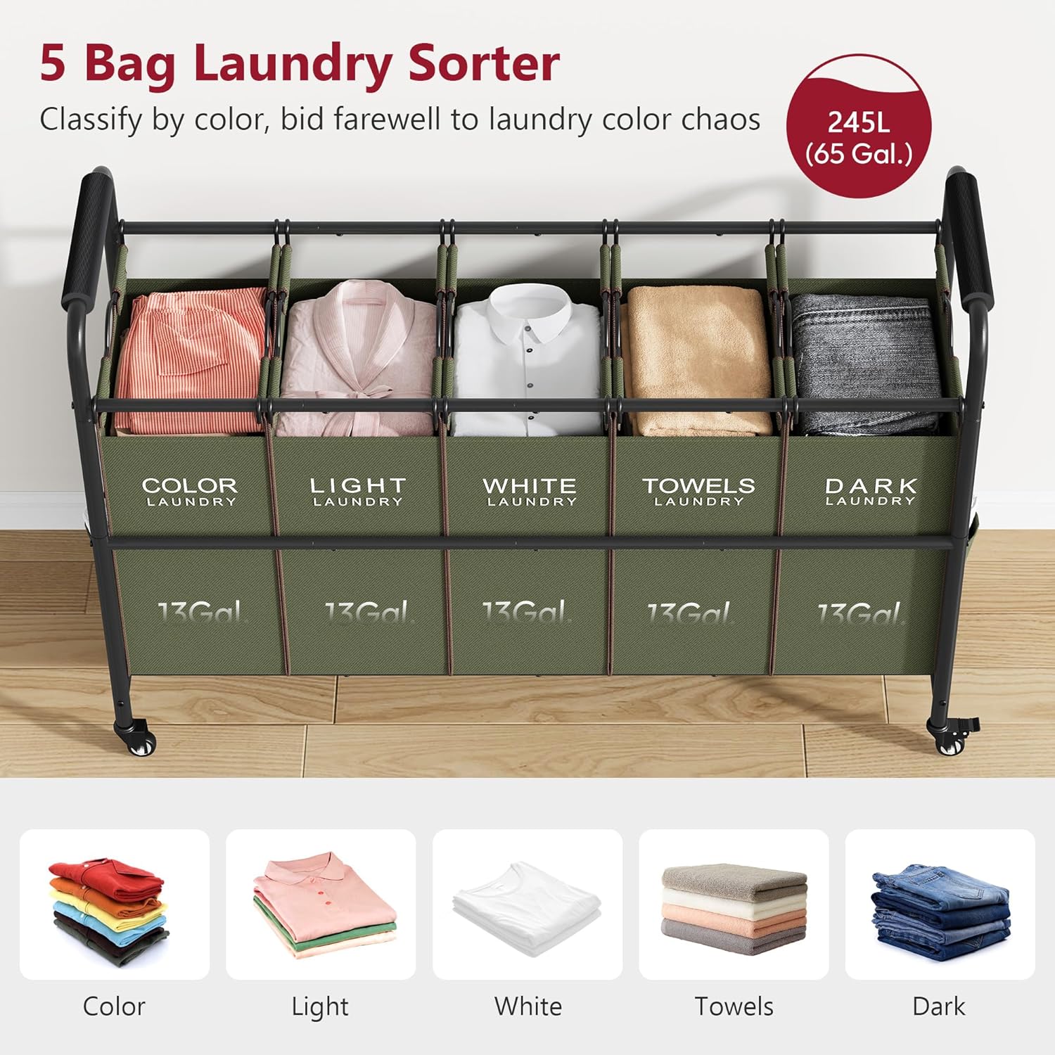 Tajsoon 5 Sections Laundry Sorter, Laundry Hamper with Heavy Duty Lockable Wheels and Removable Bags, 5 Bag Laundry Sorter Cart for Dirty Clothes Storage, Green
