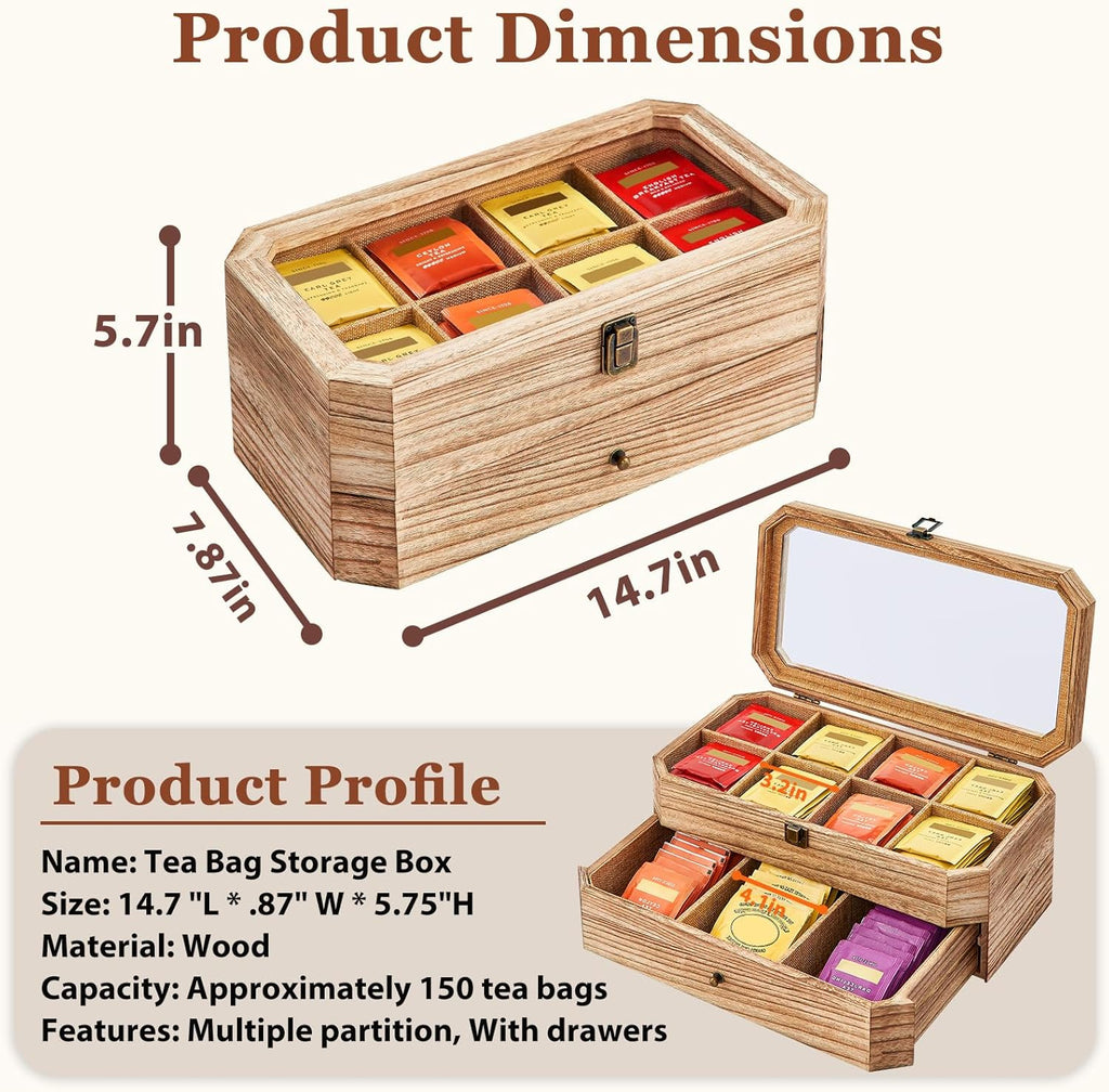 Tea Bag Organizer, Solid Wood 2 Layer Tea Box Organizer Storage, Christmas Gift Tea Bag Holder with Drawer Acrylic Window, Tea Organizer Caddy