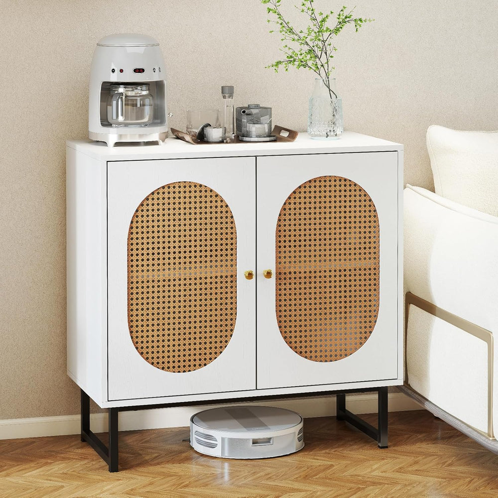 GIANTEX Boho Rattan Sideboard Buffet Cabinet with Storage, White