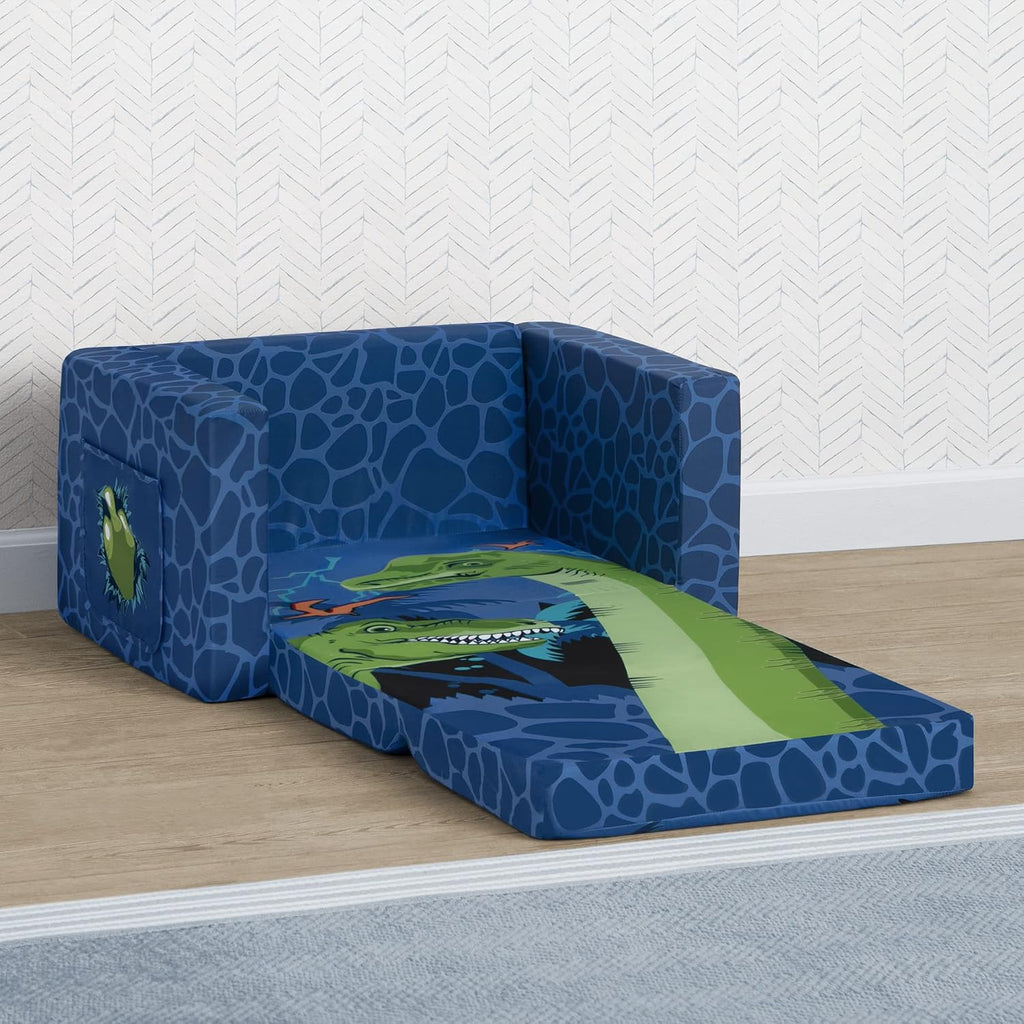 Delta Children Cozee Kids Couch 2-Seater Kids Sofa, Convertible 2-in-1 Flip Open Toddler Couch Sleeper, Foam Chair for Playroom & Bedroom, Bed Lounger, Comfy Play Sleeping Lounge Chair, Dinosaur