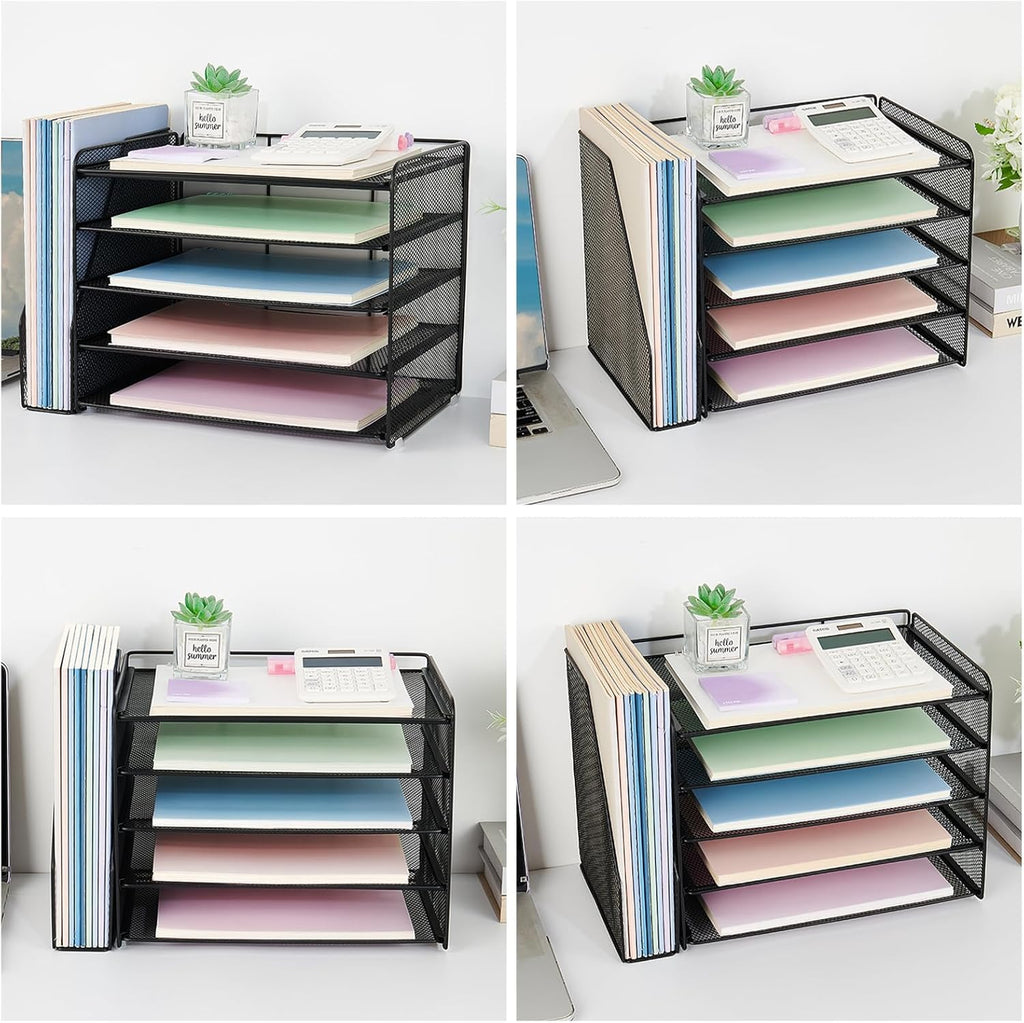 OPNICE 5-Tier Paper Organizer with Magazine Holder, Desk Organizers and Accessories, Office Desk Accessories & Workspace Organizers, Desktop File Organizer for Office Supplies Storage, Black