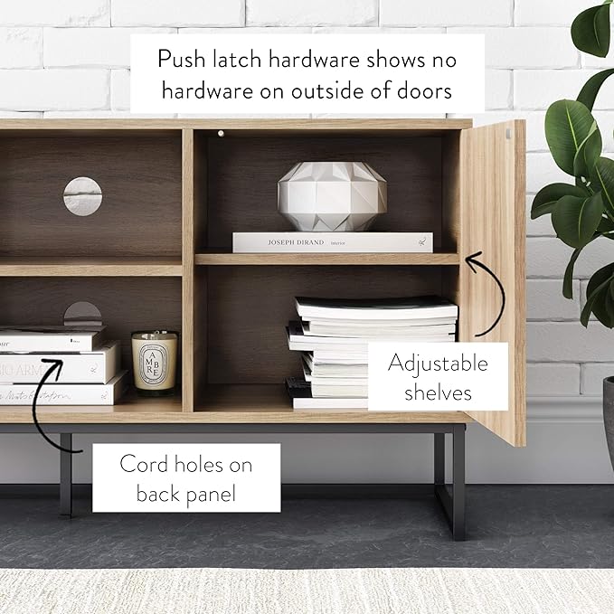 Nathan James Dylan Media Console Cabinet or TV Stand with Doors for Hidden Storage in a Natural Reclaimed Oak Herringbone Wood Pattern and Metal, Oak/Matte Black