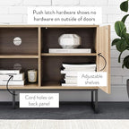 Nathan James Dylan Media Console Cabinet or TV Stand with Doors for Hidden Storage in a Natural Reclaimed Oak Herringbone Wood Pattern and Metal, Oak/Matte Black