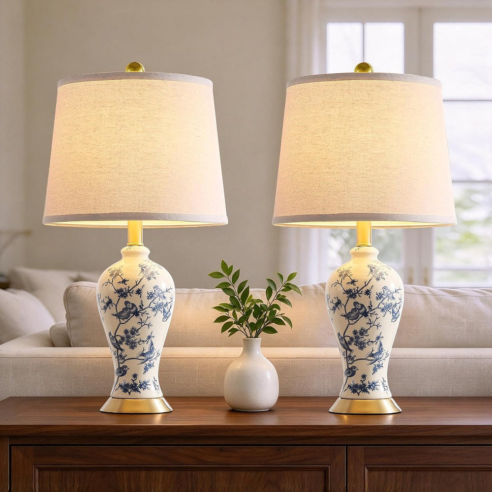 RORIA 24" Chinoiserie Modern Ceramic Small Table Lamps Set of 2 for Bedroom