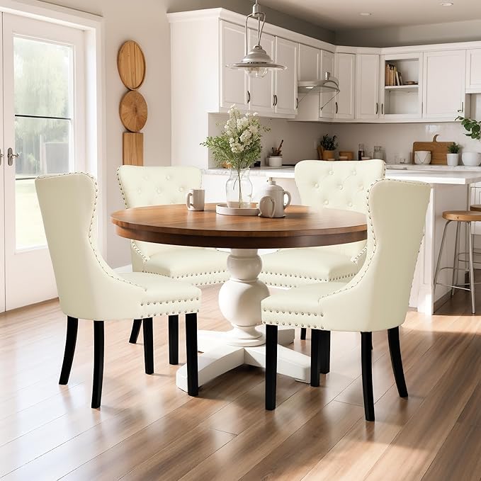 SyMax Dining Chairs Set of 2, Faux Leather Parson Dining Room Chairs, High-End Tufted Kitchen Side Chairs for Bedroom, Living Room, White
