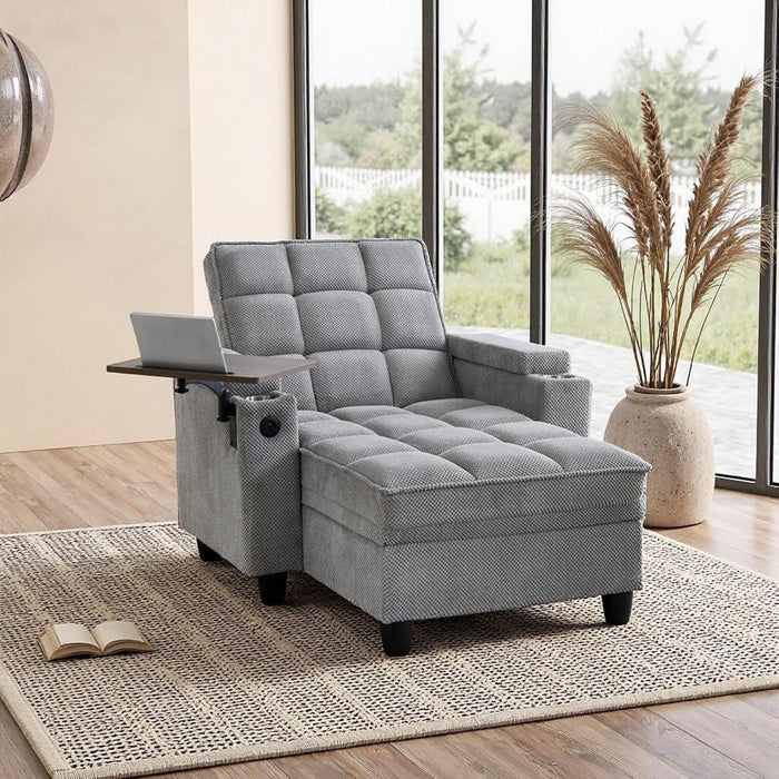 oaaktu Modern Tufted Linen Fabric Chaise Lounge Sofa Chair with Rotating Side Table,Storage,Pillow,USB Charging Ports and Adjustable Backrest Perfect for Living Room, Small Spaces (12-Light Gray)