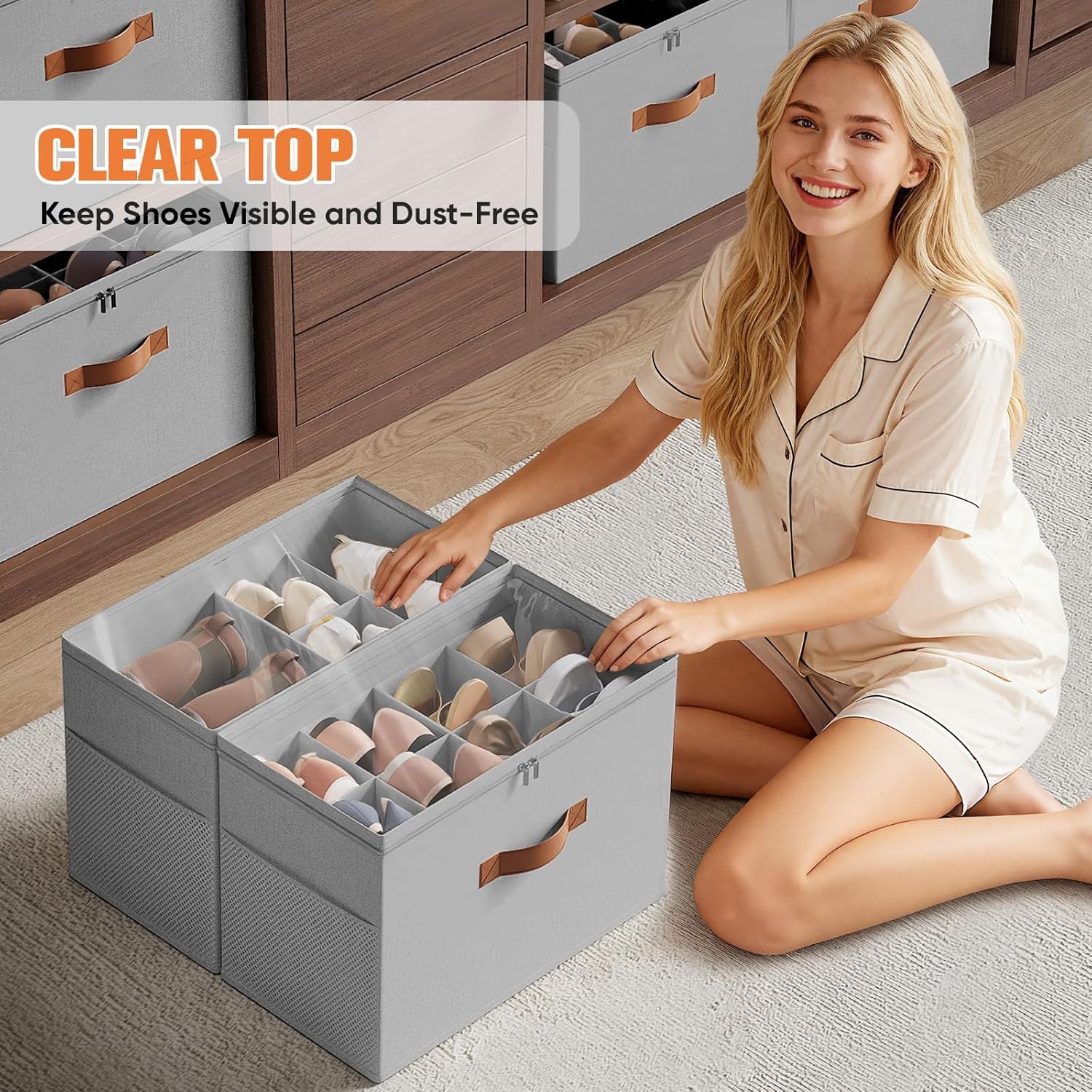 Shoe Organizer for Closet, 2 Pack Foldable Shoe Storage Organizer with Adjustable Dividers, Shoe Storage Box with Clear Cover, Fits up to 16 Pairs, Gray