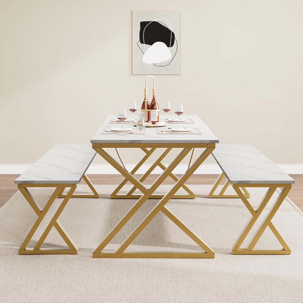GarveeHome Kitchen Table with 2 Benches, Dining Table Set for 4 | Unique X-Sh...