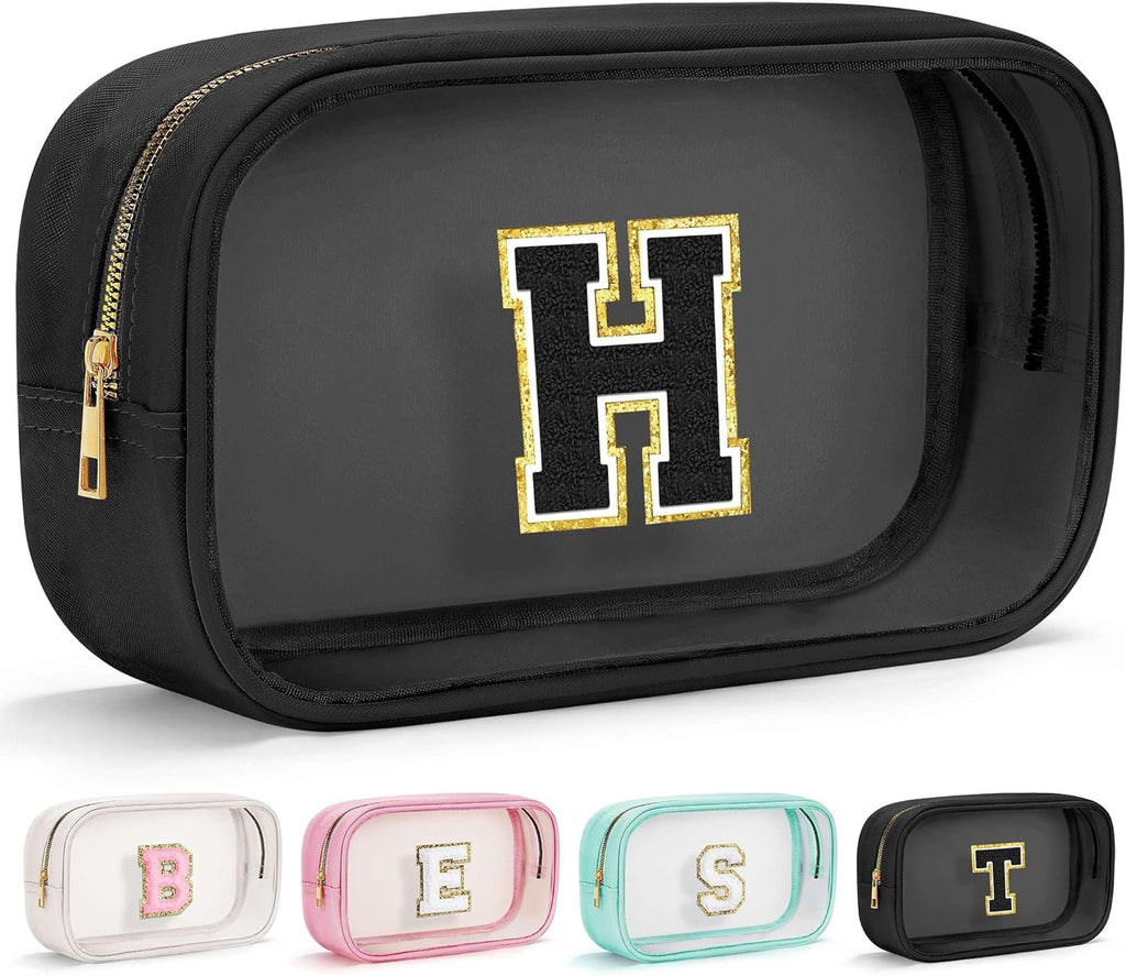YOOLIFE Travel Toiletry Bag for Women, Black Clear Makeup Bag Cute Make Up Bag Cosmetic Bags Skin Care Makeup Bag Organizer Birthday Gifts for Women Teacher Mother Girlfriend Initial H