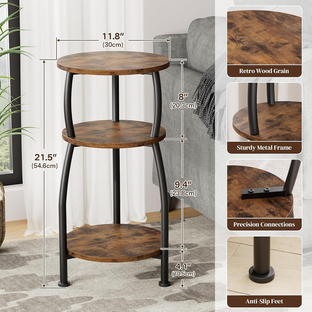 Small Round Side Table for Small Spaces, 3-Tier End Table with Storage Shelf,...