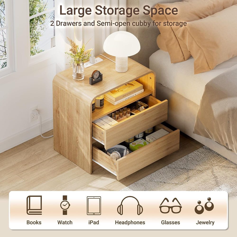 23"W 2 Drawer Nightstand with Charging Station and RGB LED Light | Curve...
