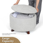 Athena Collection 24.5 Inch Small Ottoman with Storage, Round Linen Fabric Storage Ottoman Foot Rest with Removable Lid, Multipurpose Footstool Footrest for Livingroom, Bedroom, Dorm, Grey