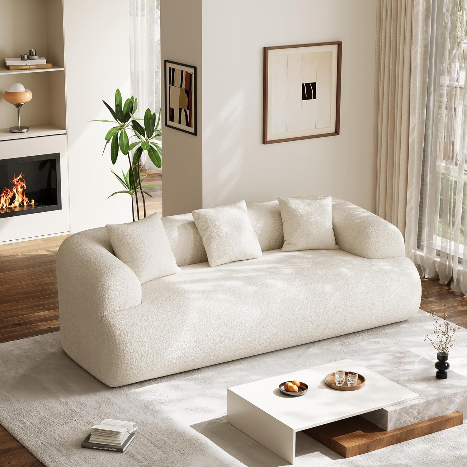 91" Modern Curved Couch,3 Seater Boneless Sofa & Deep Seat,Beige White | Cute Curve Sofa with Soft Chenille,High Foam and Oversized Deep for Modern Living Rooms, Bedrooms ,Apartments,No Assembly