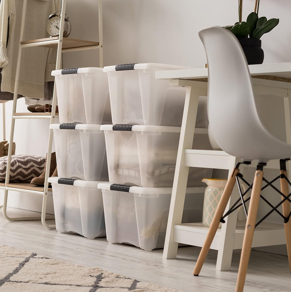 IRIS USA 32 Qt Stackable Plastic Storage Bins with Lids, 6 Pack - BPA-Free, Made in USA - Discreet Organizing Solution, Latches, Durable Nestable Containers, Secure Pull Handle - Pearl