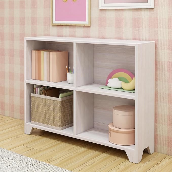 Max & Lily Modern Farmhouse 4-Shelf Bookcase, Solid Wood Bookshelves for Kids Bedroom, White Wash