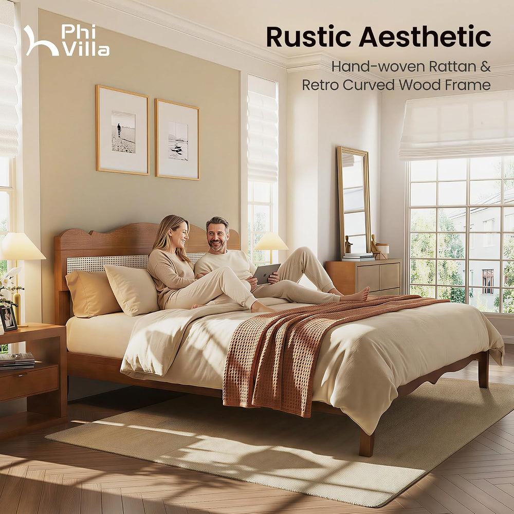 PHI VILLA Solid Wood King Size Bed Frame with Adjustable Headboard