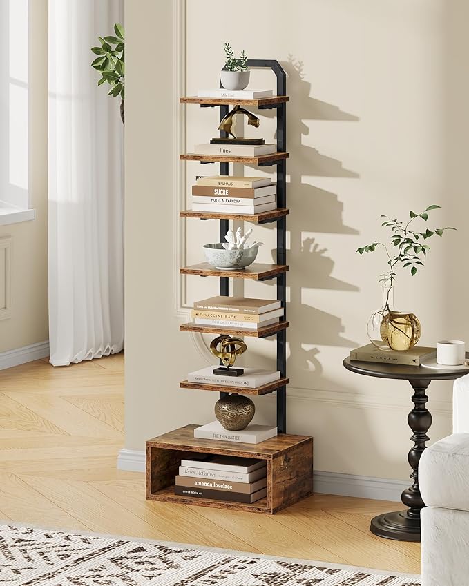 8-Tier Bookshelf, LED Bookcase with Semi-Open Bottom, Small Space Standing Sh...