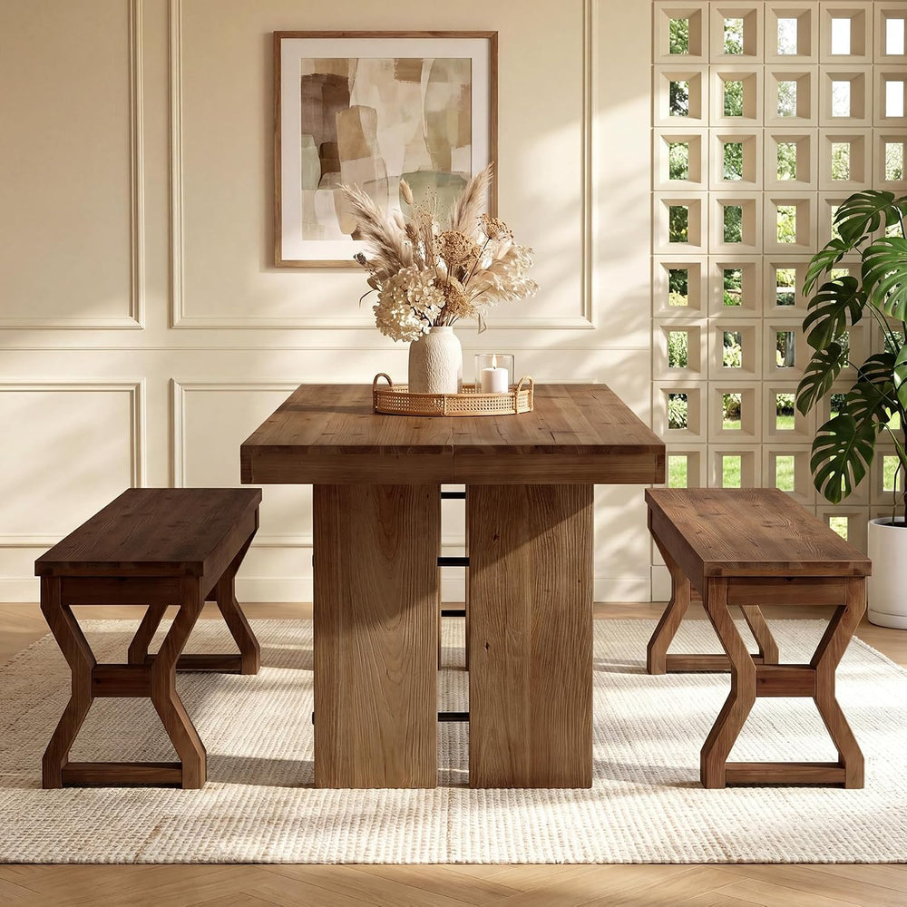 Set of 2 Solid Wood Dining Bench with Sturdy X-Cross Legs | 55" Farmhous...