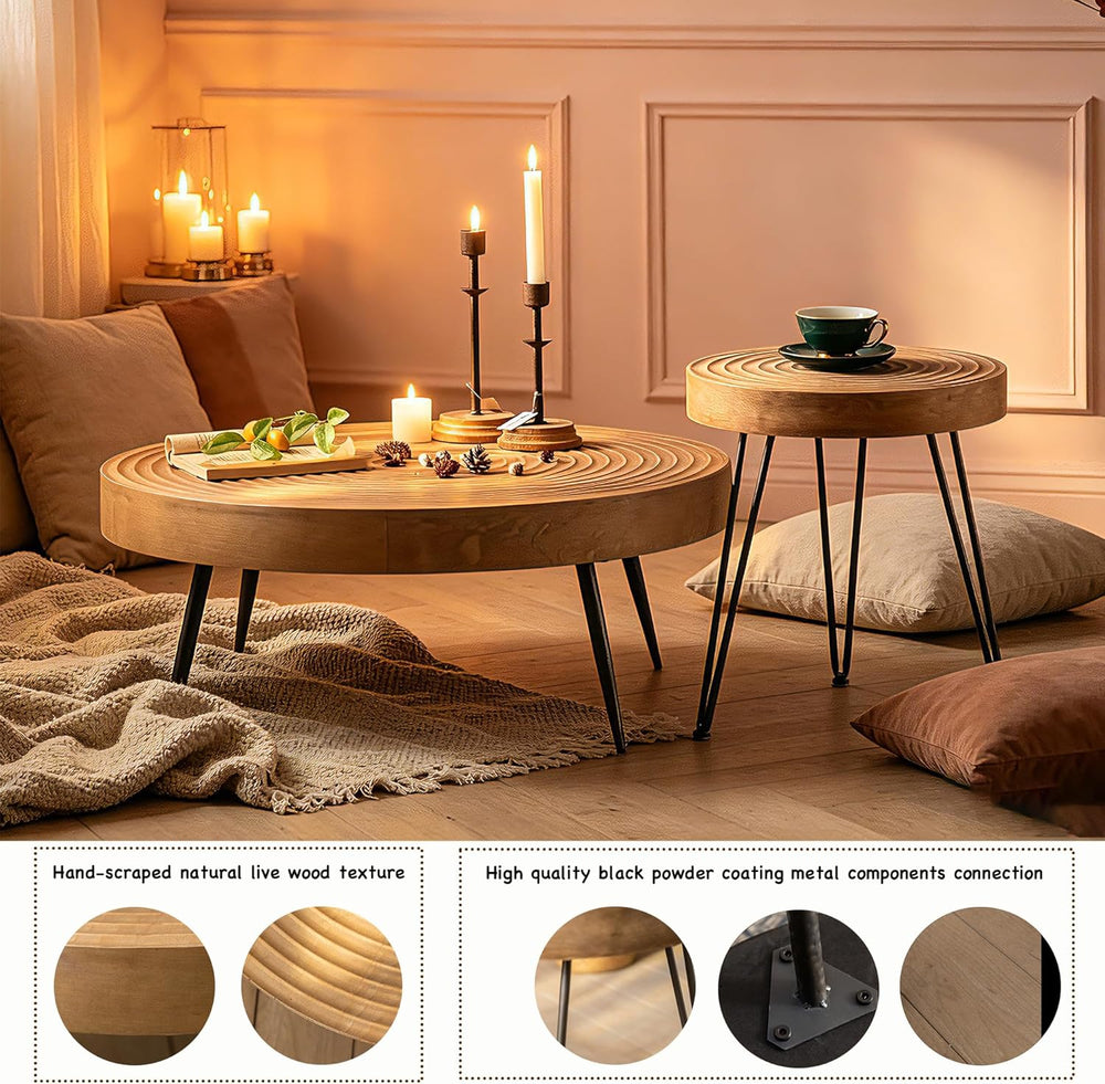 Round Wooden Side Table, 16" Diameter Tall End Table with Grooved Top &a...